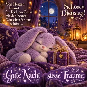 Ein schlafender lila Plüschhase liegt neben einem Geschenk im Mondlicht mit dem Gruß "Gute Nacht süße Träume".