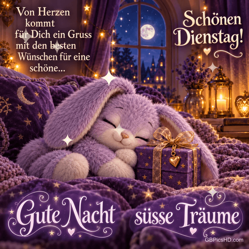 Ein schlafender lila Plüschhase liegt neben einem Geschenk im Mondlicht mit dem Gruß "Gute Nacht süße Träume". Ein schlafender lila Plüschhase liegt neben einem Geschenk im Mondlicht mit dem Gruß "Gute Nacht süße Träume".