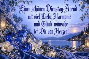 Blaue und klare Glasherzen liegen zwischen Blumen am See mit dem Gruß "Einen schönen Dienstag-Abend".