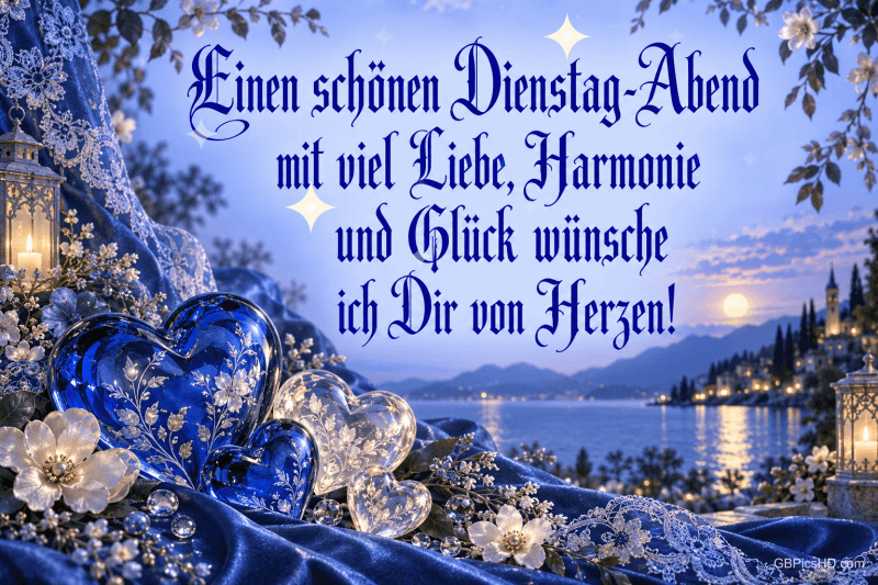 Blaue und klare Glasherzen liegen zwischen Blumen am See mit dem Gruß "Einen schönen Dienstag-Abend".