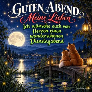 Zwei Füchse sitzen auf einem Steg am See unter Sternen und Vollmond, darüber steht "Guten Abend Meine Lieben".