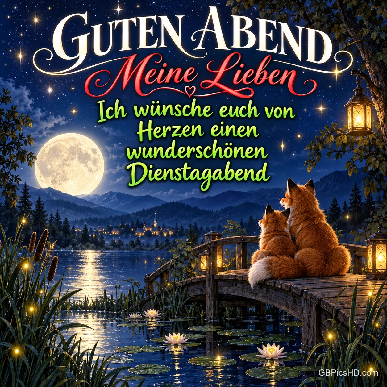 Zwei Füchse sitzen auf einem Steg am See unter Sternen und Vollmond, darüber steht "Guten Abend Meine Lieben".