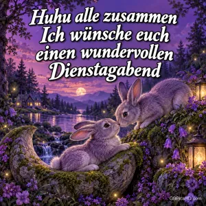 Zwei Kaninchen berühren sich auf moosigen Felsen am See unter dem Gruß "Ich wünsche euch einen wundervollen Dienstagabend".