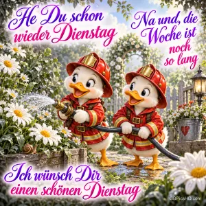 Zwei Entenküken in Feuerwehrkleidung bewässern mit einem Schlauch Blumen, dazu steht "Ich wünsche Dir einen schönen Dienstag".