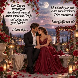 Ein Paar sitzt eng umschlungen zwischen Rosen und Laternen über einem See mit dem Gruß "Liebe Grüße von mir".