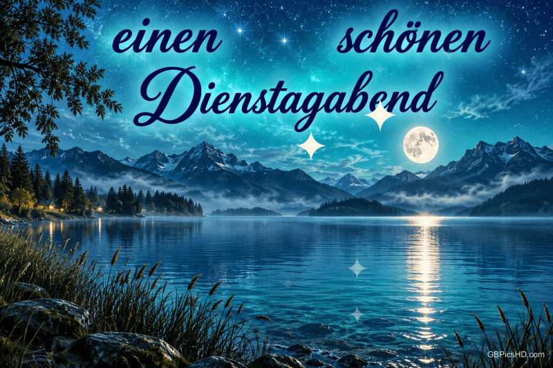 Der Mond spiegelt sich in einem Bergsee unter einem türkisblauen Sternenhimmel mit dem Gruß "Einen schönen Dienstagabend".