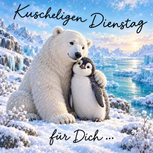 Ein Eisbär hält einen jungen Pinguin im Arm in einer verschneiten Eislandschaft mit dem Gruß "Kuscheligen Dienstag für Dich ...".
