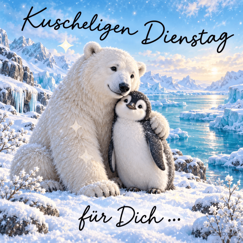 Ein Eisbär hält einen jungen Pinguin im Arm in einer verschneiten Eislandschaft mit dem Gruß "Kuscheligen Dienstag für Dich ...".