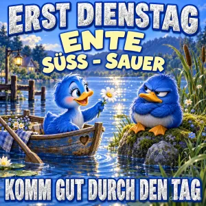 Eine blaue Ente im Boot reicht einer mürrischen blauen Ente am Ufer eine Blume: "ERST DIENSTAG ENTE SÜSS - SAUER".