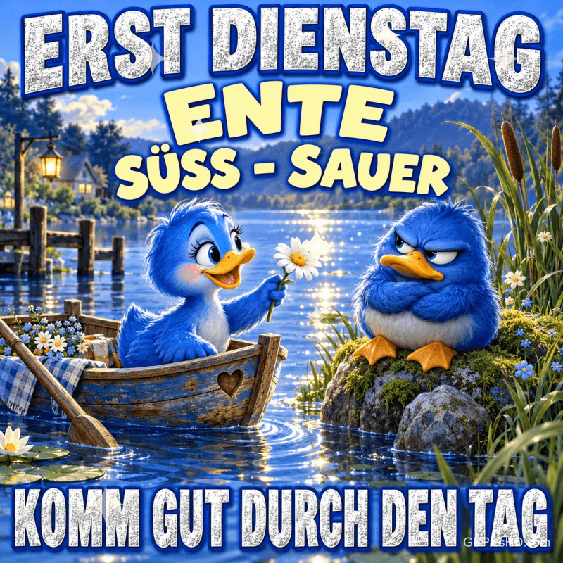Eine blaue Ente im Boot reicht einer mürrischen blauen Ente am Ufer eine Blume: "ERST DIENSTAG ENTE SÜSS - SAUER".