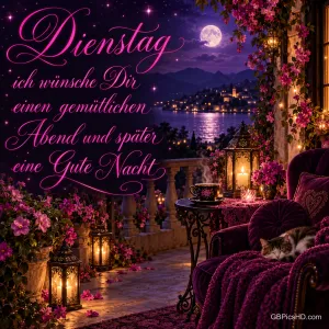 Eine Katze schläft auf einem Sessel auf einer blumigen Terrasse am See mit dem Gruß "einen gemütlichen Abend".