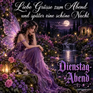 Eine Fee sitzt neben einer schlafenden Katze an einem blühenden Teich mit Wasserfall: "Liebe Grüße zum Abend".