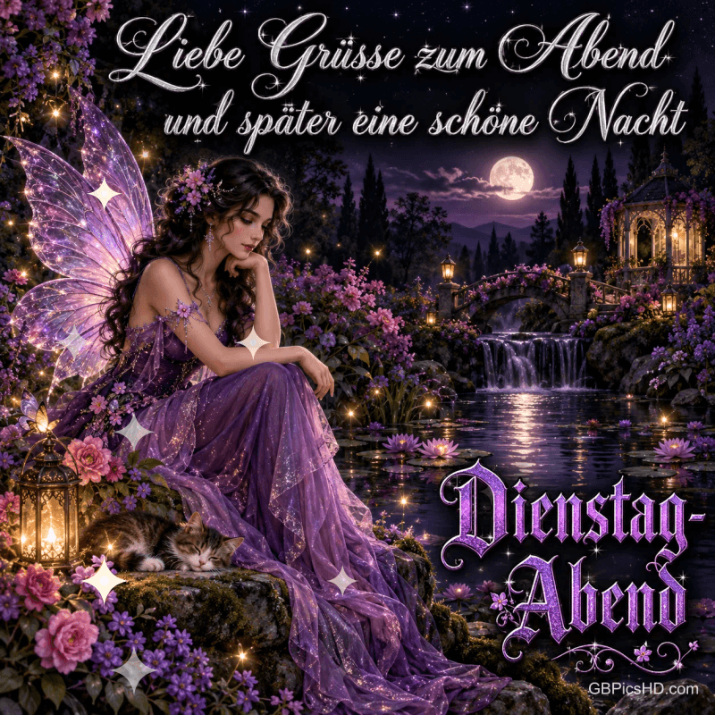 Eine Fee sitzt neben einer schlafenden Katze an einem blühenden Teich mit Wasserfall: "Liebe Grüße zum Abend".