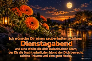 Orange Blumen und Laternen säumen einen See bei Sonnenuntergang und Mondschein: "schöne Träume und eine gute Nacht."