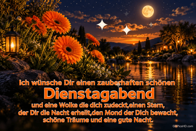 Orange Blumen und Laternen säumen einen See bei Sonnenuntergang und Mondschein: "schöne Träume und eine gute Nacht."