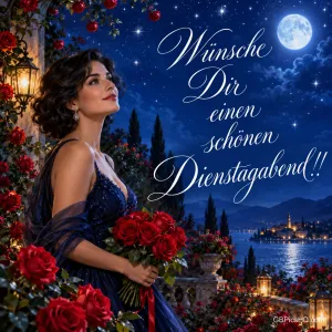 Eine Frau im blauen Kleid hält rote Rosen auf einer Terrasse über einem See: "Wünsche Dir einen schönen Dienstagabend!!"