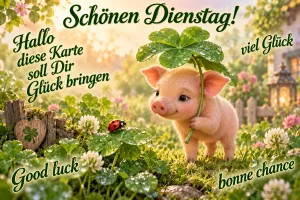 Ein Ferkel hält ein großes Kleeblatt in einer sonnigen Wiese mit Klee, Blumen und einem Marienkäfer: "Schönen Dienstag!"