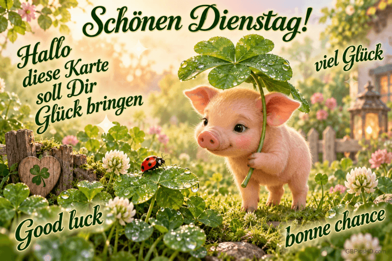 Ein Ferkel hält ein großes Kleeblatt in einer sonnigen Wiese mit Klee, Blumen und einem Marienkäfer: "Schönen Dienstag!"