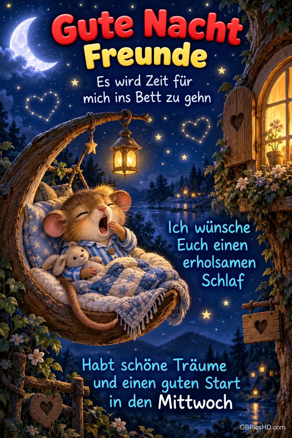 Eine Maus im Schlafanzug gähnt mit einem Stoffhasen in einem gepolsterten Hängesessel unter Sternen: "Gute Nacht Freunde".
