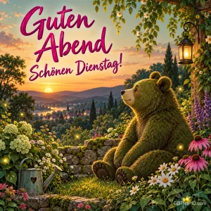 Ein Bär sitzt zwischen Blumen an einer Steinmauer und blickt zum Sonnenuntergang: "Guten Abend Schönen Dienstag!"