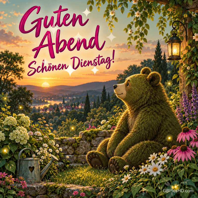 Ein Bär sitzt zwischen Blumen an einer Steinmauer und blickt zum Sonnenuntergang: "Guten Abend Schönen Dienstag!"