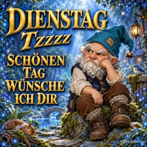 Ein mürrischer Zwerg mit blauer Mütze sitzt im blauen Wald neben einem Vogel; dazu steht "Dienstag Tzzzz Schönen Tag wünsche ich Dir".