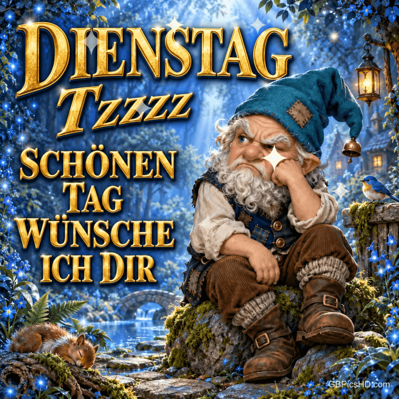 Ein mürrischer Zwerg mit blauer Mütze sitzt im blauen Wald neben einem Vogel; dazu steht "Dienstag Tzzzz Schönen Tag wünsche ich Dir". Ein mürrischer Zwerg mit blauer Mütze sitzt im blauen Wald neben einem Vogel; dazu steht "Dienstag Tzzzz Schönen Tag wünsche ich Dir".