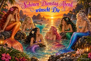 Sechs Meerjungfrauen sitzen auf Felsen und im Wasser einer tropischen Bucht bei Sonnenuntergang: "Schönen Dienstagabend".