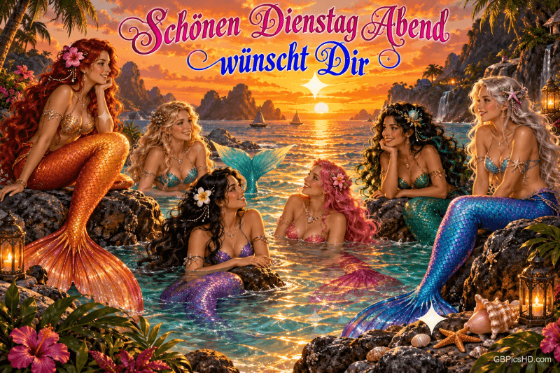 Sechs Meerjungfrauen sitzen auf Felsen und im Wasser einer tropischen Bucht bei Sonnenuntergang: "Schönen Dienstagabend". Sechs Meerjungfrauen sitzen auf Felsen und im Wasser einer tropischen Bucht bei Sonnenuntergang: "Schönen Dienstagabend".