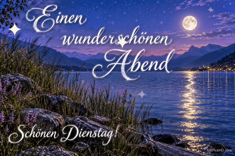 Mondlicht spiegelt sich im See vor Bergen und einem felsigen Ufer: "Einen wunderschönen Abend" und "Schönen Dienstag!".