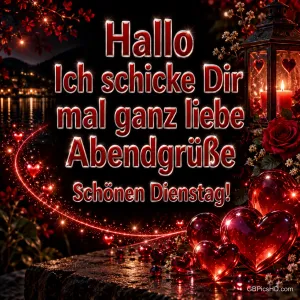 Rote Glasherzen, Rosen und eine Kerzenlaterne am nächtlichen See begleiten den Gruß "Schönen Dienstag!".