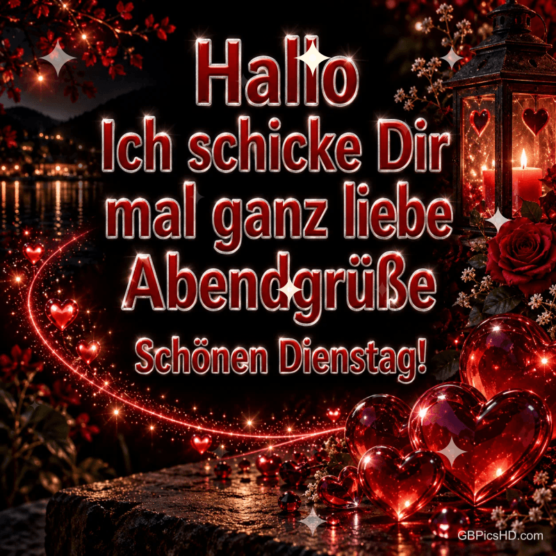 Rote Glasherzen, Rosen und eine Kerzenlaterne am nächtlichen See begleiten den Gruß "Schönen Dienstag!". Rote Glasherzen, Rosen und eine Kerzenlaterne am nächtlichen See begleiten den Gruß "Schönen Dienstag!".