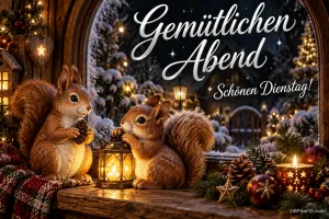 Zwei Eichhörnchen sitzen bei einer Laterne vor einem verschneiten Dorf, darüber "Gemütlichen Abend" und "Schönen Dienstag!".