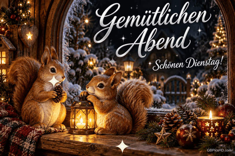 Zwei Eichhörnchen sitzen bei einer Laterne vor einem verschneiten Dorf, darüber "Gemütlichen Abend" und "Schönen Dienstag!".