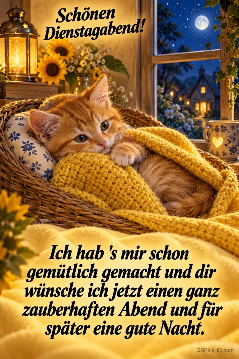 Ein orangefarbenes Kätzchen liegt unter einer gelben Decke im Korb am Fenster; darüber steht "Schönen Dienstagabend!".