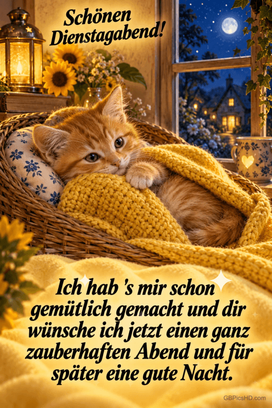 Ein orangefarbenes Kätzchen liegt unter einer gelben Decke im Korb am Fenster; darüber steht "Schönen Dienstagabend!". Ein orangefarbenes Kätzchen liegt unter einer gelben Decke im Korb am Fenster; darüber steht "Schönen Dienstagabend!".