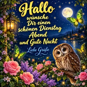 Eine Eule sitzt zwischen Rosen und Schmetterlingen vor einem See im Mondschein; daneben steht "Liebe Grüße".