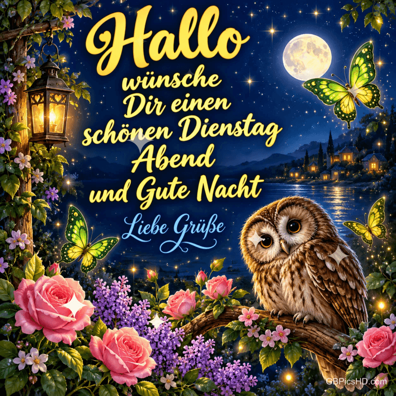 Eine Eule sitzt zwischen Rosen und Schmetterlingen vor einem See im Mondschein; daneben steht "Liebe Grüße". Eine Eule sitzt zwischen Rosen und Schmetterlingen vor einem See im Mondschein; daneben steht "Liebe Grüße".