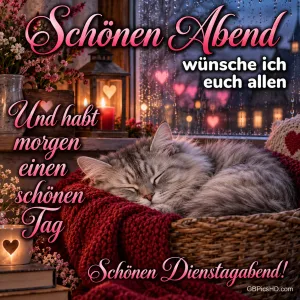 Eine graue Katze schläft im Korb auf einer roten Decke vor einem regennassen Fenster mit dem Gruß "Schönen Dienstagabend!".
