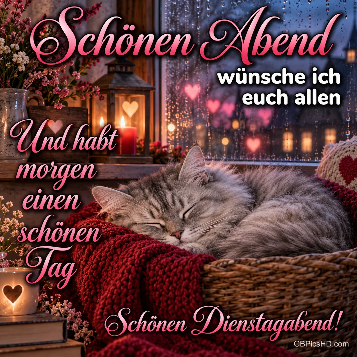 Eine graue Katze schläft im Korb auf einer roten Decke vor einem regennassen Fenster mit dem Gruß "Schönen Dienstagabend!". Eine graue Katze schläft im Korb auf einer roten Decke vor einem regennassen Fenster mit dem Gruß "Schönen Dienstagabend!".