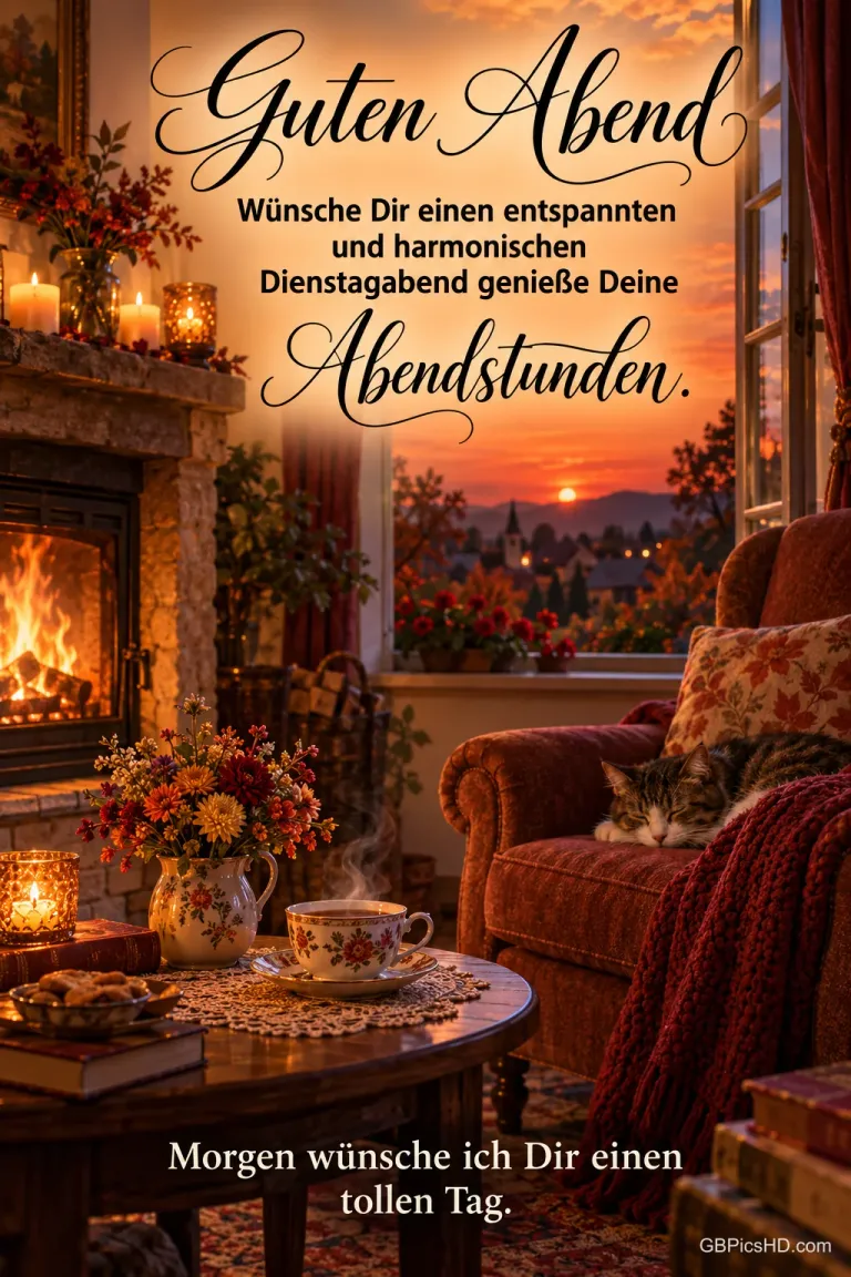 Eine Katze schläft im Sessel neben dem Kamin; auf dem Tisch steht eine Teetasse, darüber der Gruß "Guten Abend".