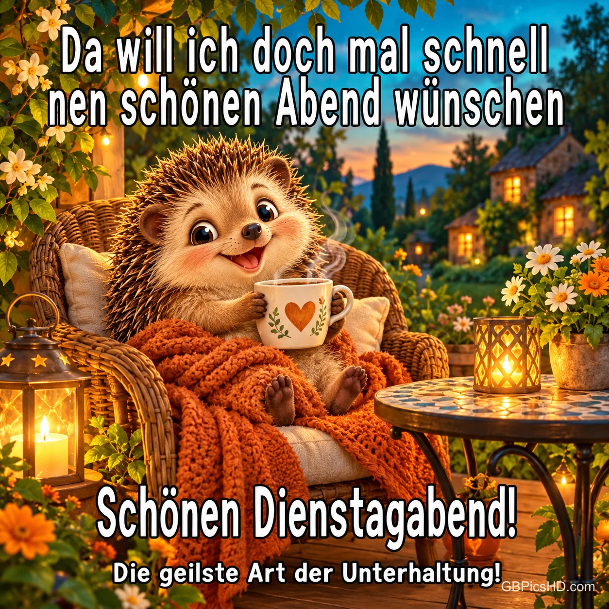 Ein lächelnder Igel sitzt mit einer Tasse unter einer orangefarbenen Decke im Gartensessel; dazu "Schönen Dienstagabend!".