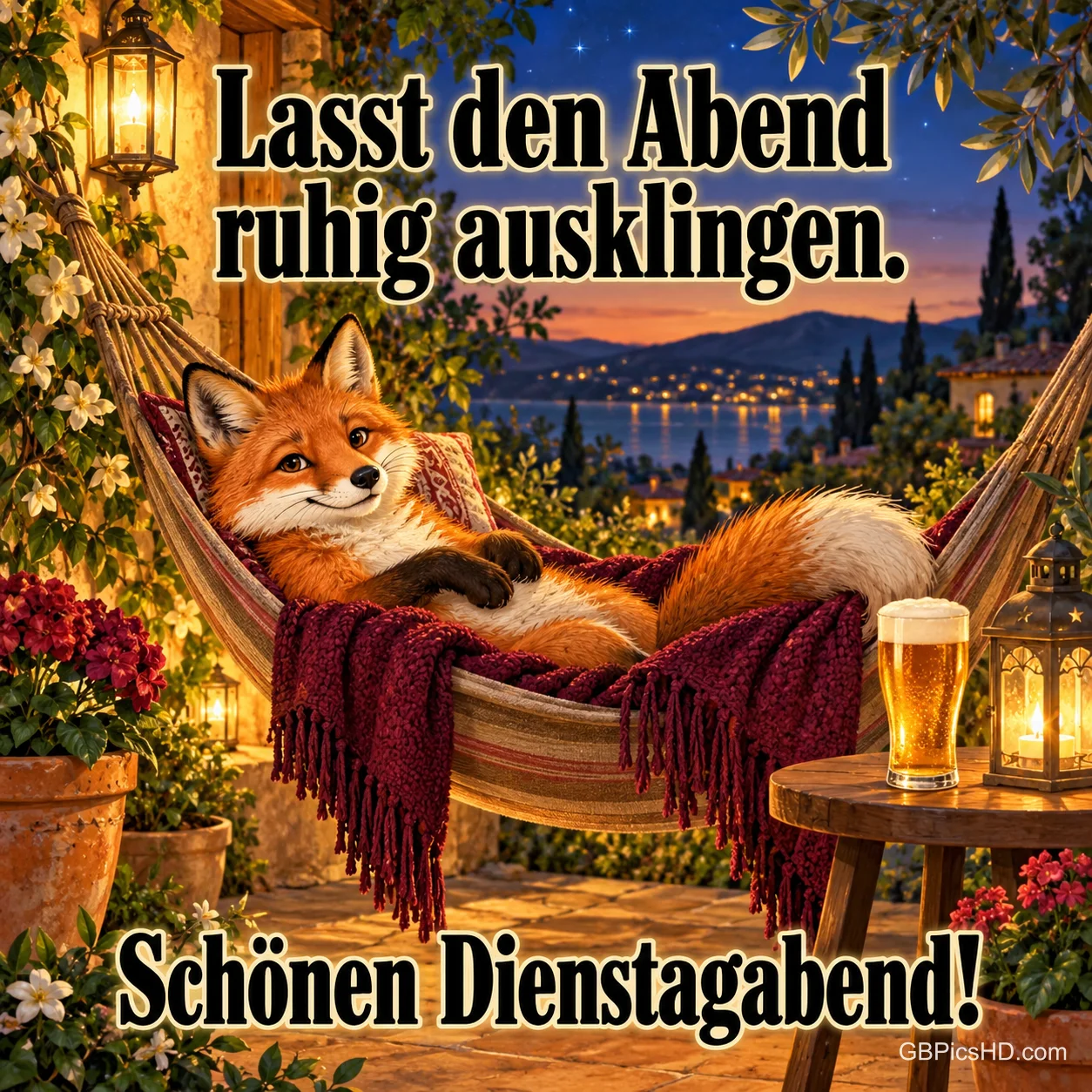 Ein Fuchs liegt unter einer roten Decke in einer Hängematte; daneben stehen Bier und eine Laterne, dazu "Schönen Dienstagabend!".
