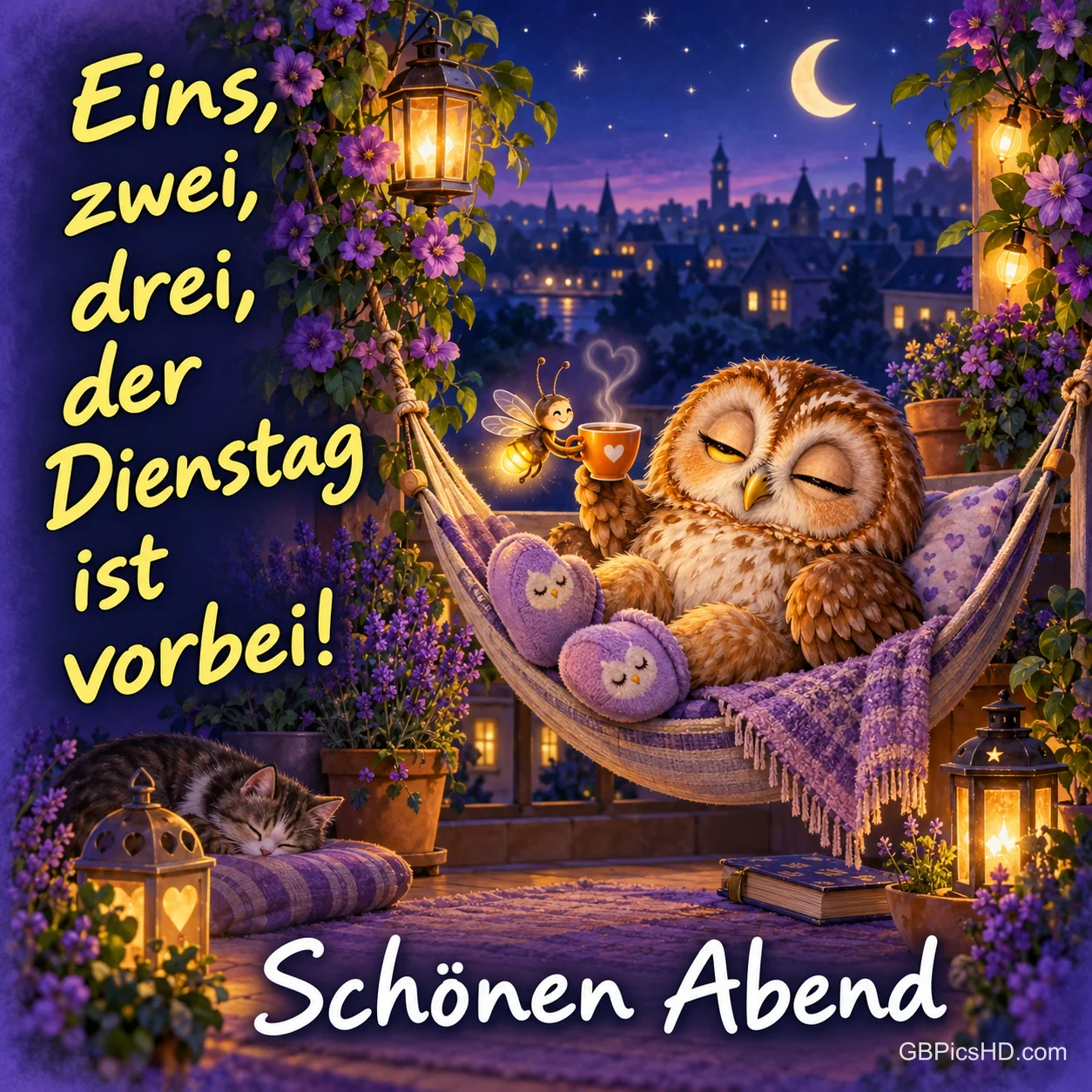 Eine Eule mit Tasse und Hausschuhen ruht in einer Hängematte zwischen Blumen und Laternen unter dem Mond, dazu "Schönen Abend".