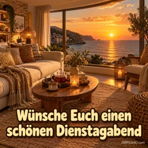 Ein gemütliches Wohnzimmer mit Sofa, Kerzen und Tee blickt durch große Fenster auf das Meer im Sonnenuntergang, dazu "Wünsche Euch einen schönen Dienstagabend".