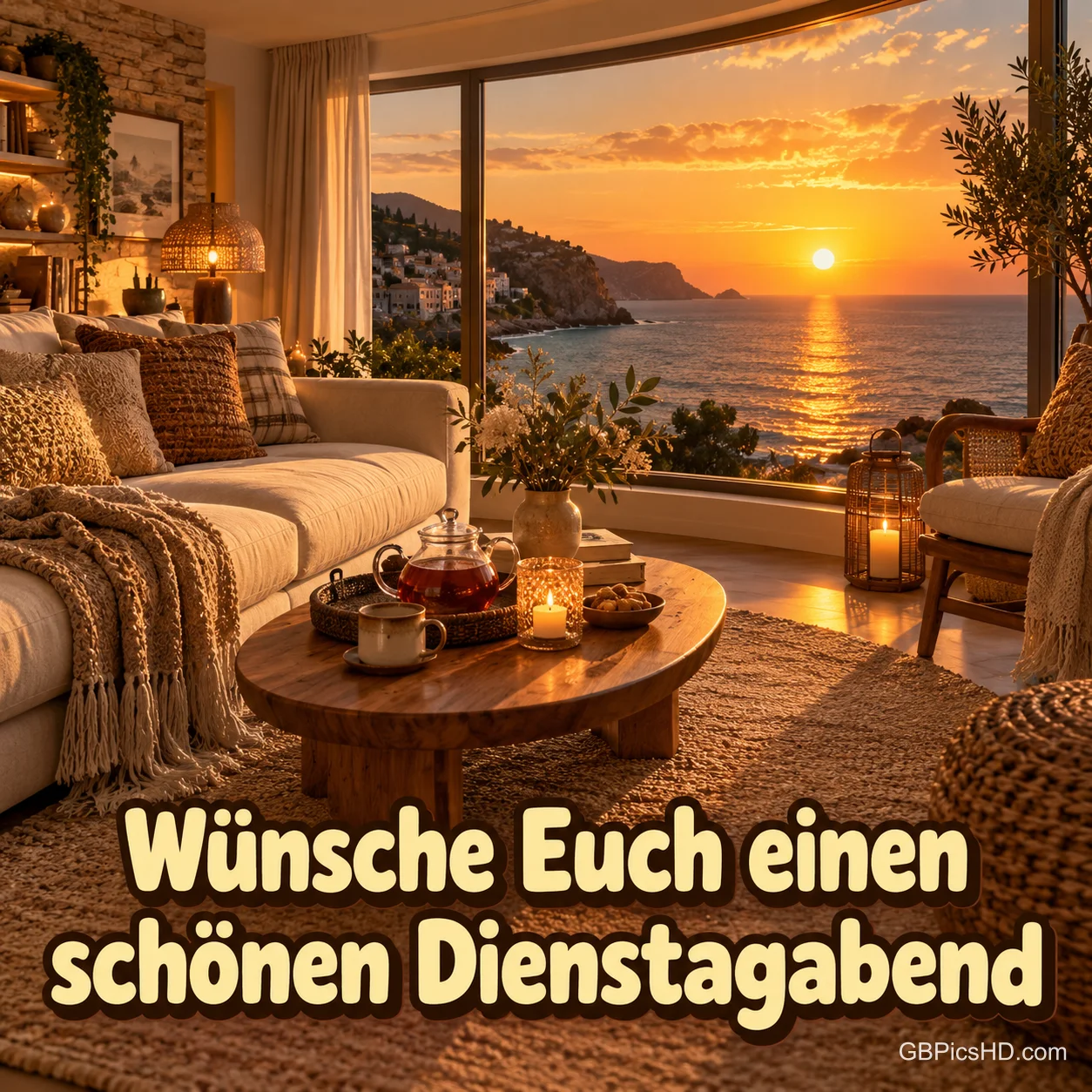 Ein gemütliches Wohnzimmer mit Sofa, Kerzen und Tee blickt durch große Fenster auf das Meer im Sonnenuntergang, dazu "Wünsche Euch einen schönen Dienstagabend".