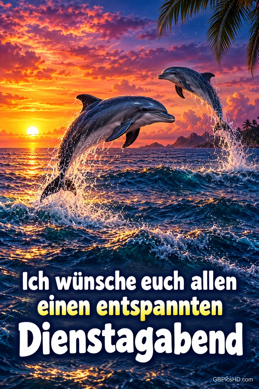 Zwei Delfine springen vor einem leuchtenden Sonnenuntergang aus dem Meer, oben Palmenblätter, unten der Gruß "Ich wünsche euch allen einen entspannten Dienstagabend".