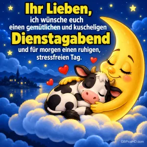 Ein lächelnder Mond umarmt eine schlafende Comic-Kuh auf Wolken unter dem Sternenhimmel, dazu der Wunsch für einen gemütlichen und kuscheligen Dienstagabend.