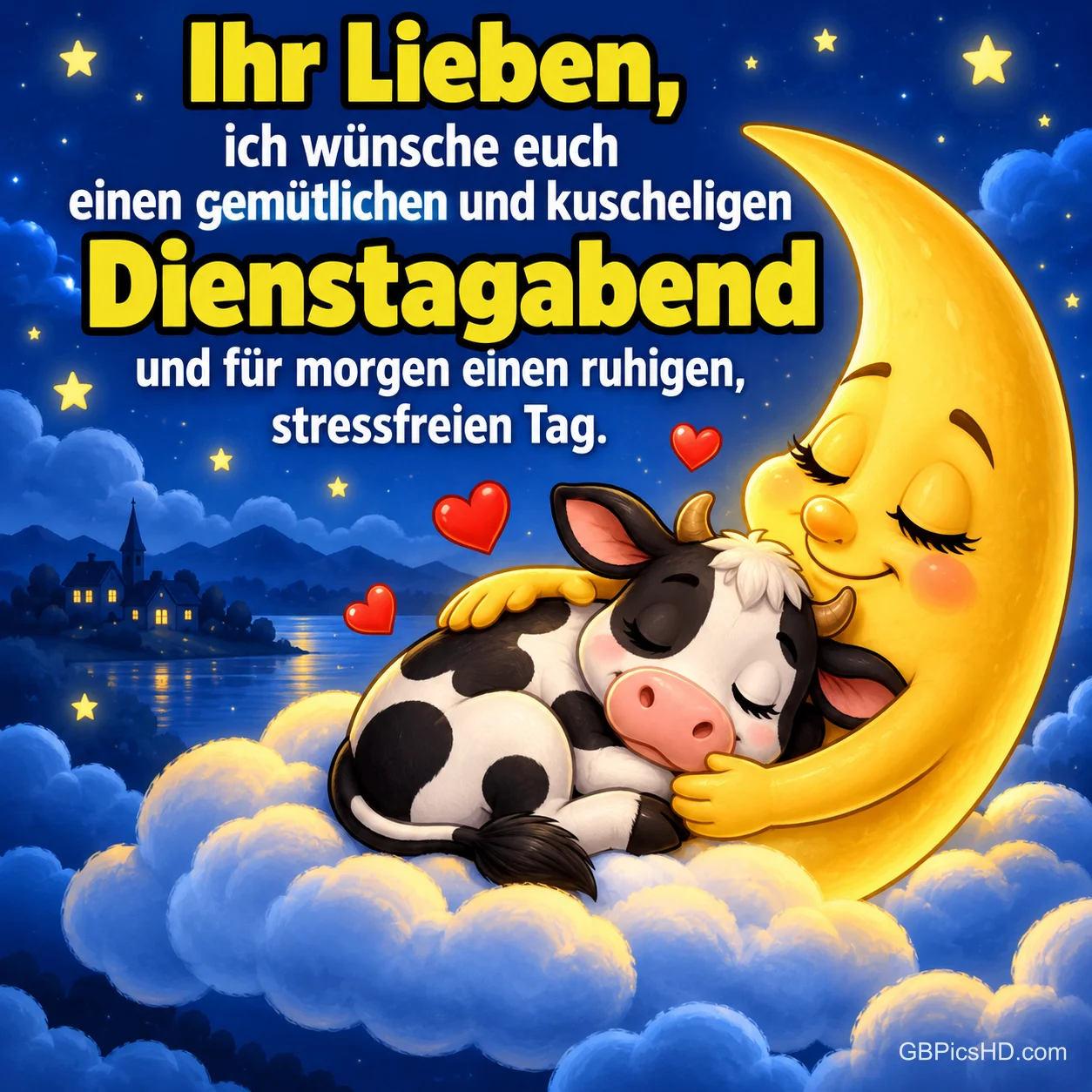 Ein lächelnder Mond umarmt eine schlafende Comic-Kuh auf Wolken unter dem Sternenhimmel, dazu der Wunsch für einen gemütlichen und kuscheligen Dienstagabend.