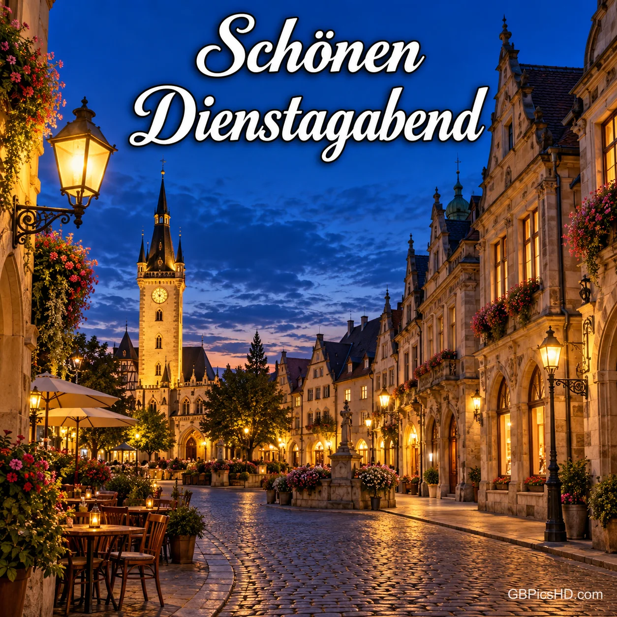 Eine beleuchtete Altstadtgasse mit Kopfsteinpflaster, Laternen, Blumen und Uhrturm unter tiefblauem Abendhimmel, darüber der Schriftzug "Schönen Dienstagabend".